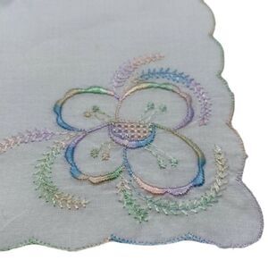 Vintage Hankie Embroidered Handkerchief Rainbow Flower Trim Dresser Pocket Scarf